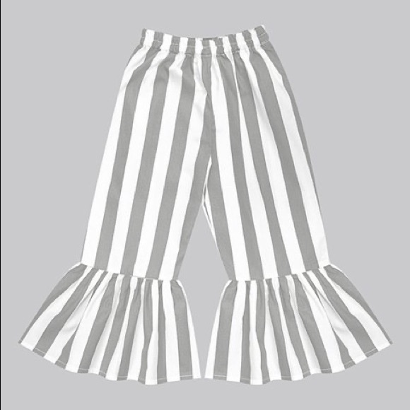 Girls Gray Stone & White Stripe Boho Ruffle Pants